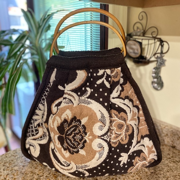 Vintage Knit Wool Purse with Wood Style Handles - Picture 3 of 6